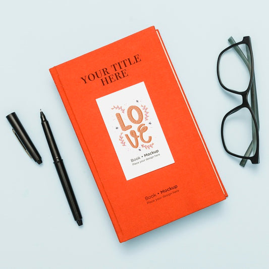 Free Top View Of Book Mock-Up With Glasses And Pen Psd