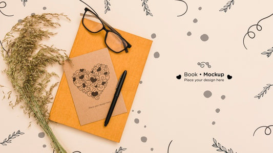 Free Top View Of Book With Card And Glasses Psd