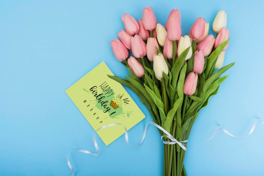 Free Top View Of Bouquet Of Tulips For Birthday Anniversary Psd