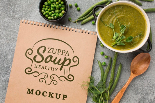 Free Top View Of Bowl Of Soup With Notebook Psd