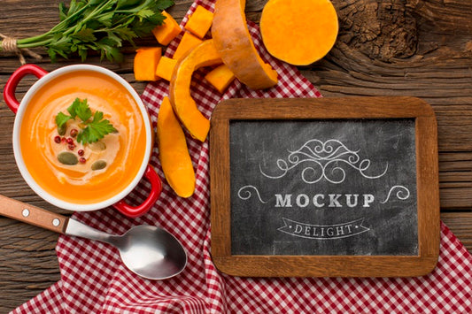 Free Top View Of Bowl Of Vegetable Soup With Chalkboard Psd