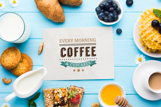 Free Top View Of Breakfast Food With Coffee And Croissants Psd