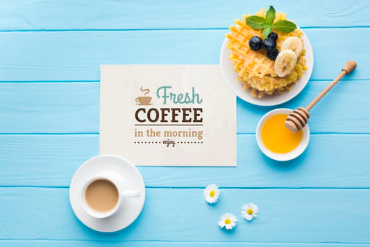 Free Top View Of Breakfast Food With Honey And Waffles Psd