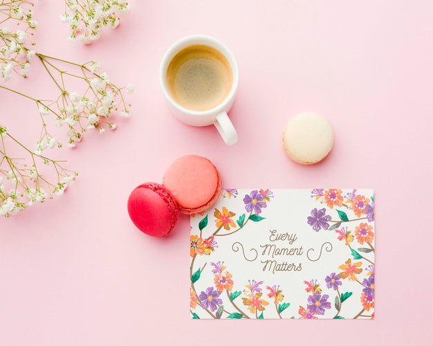 Free Top View Of Card With Macarons And Coffee Cup Psd