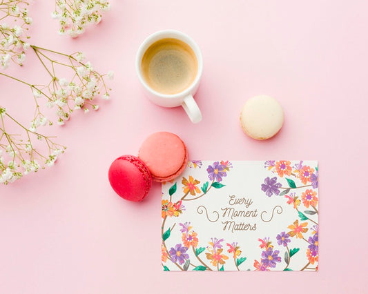 Free Top View Of Card With Macarons And Coffee Cup Psd
