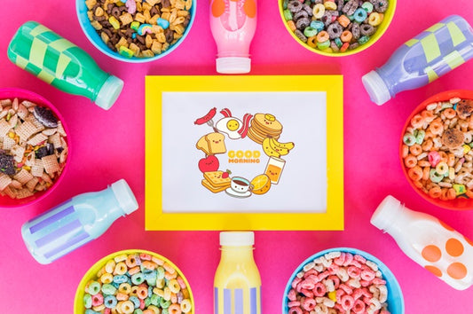 Free Top View Of Cereal Bowls And Milk Bottles On Pink Background Psd
