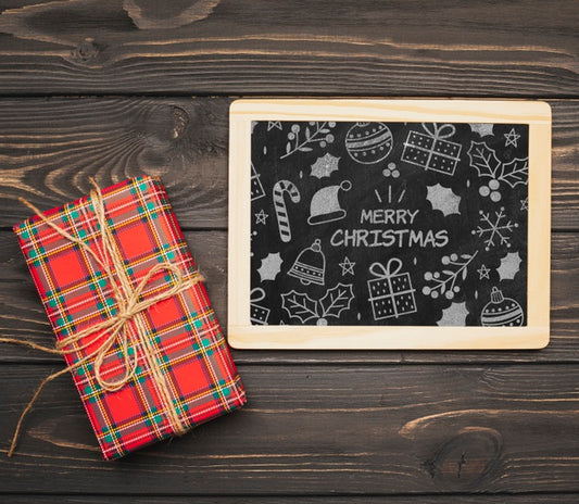 Free Top View Of Chalboard Mock-Up With Christmas Gift Psd