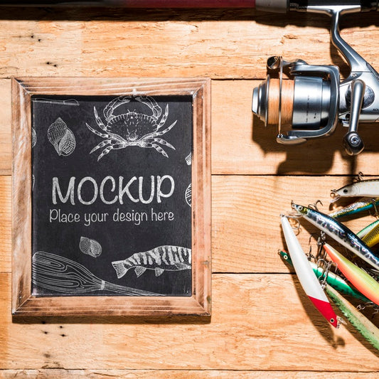 Free Top View Of Chalkboard With Fishing Rod And Bait Psd