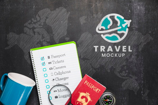 Free Top View Of Checklist With Mug And Travel Essentials Psd