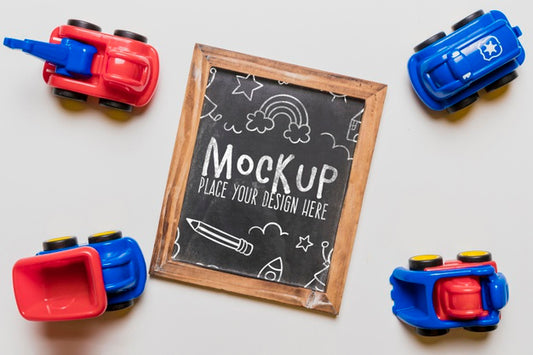 Free Top View Of Children Toy Cars With Chalkboard Psd