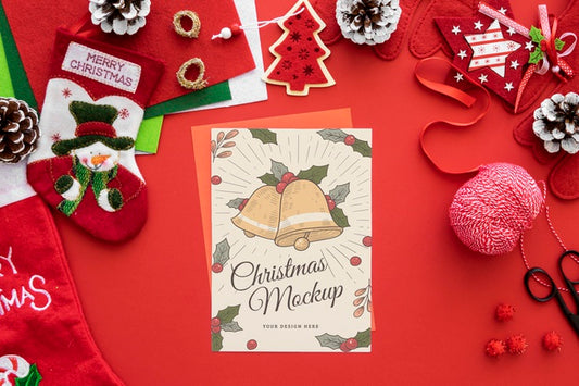 Free Top View Of Christmas Crafts With Paper And Ornaments Psd