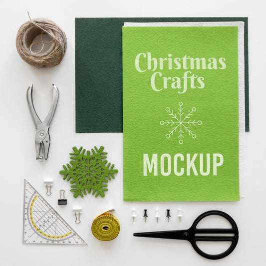 Free Top View Of Christmas Crafts With Scissors And Measuring Tape Psd