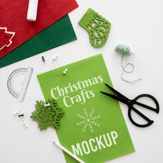 Free Top View Of Christmas Crafts With Scissors Psd