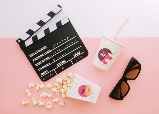 Free Top View Of Cinema Clapperboard With Soda Cup And Clapperboard Psd