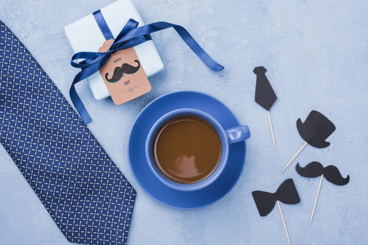 Free Top View Of Coffee With Gift And Tie For Fathers Day Psd