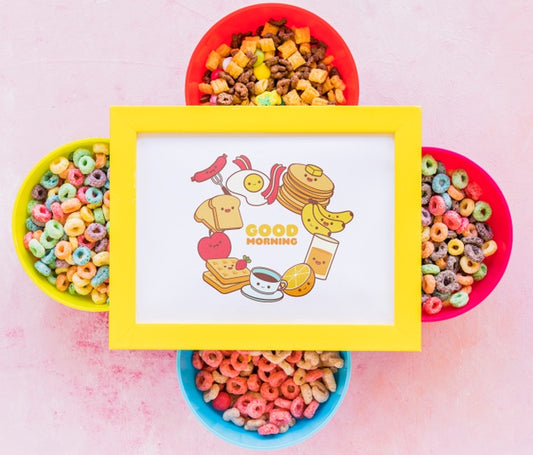 Free Top View Of Colorful Cereals And Frame On Plain Background Psd
