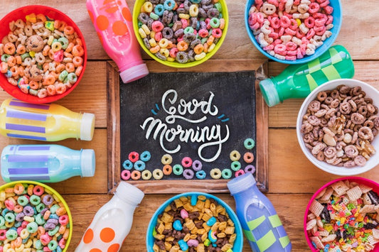 Free Top View Of Colorful Cereals On Wooden Table Psd