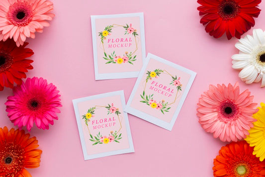 Free Top View Of Daisies With Cards Mock-Up Psd