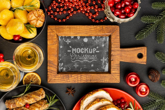 Free Top View Of Delicious Christmas Food Mock-Up Psd