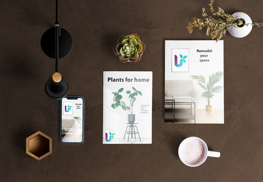 Free Top View Of Desk Scene Creator With Plant Elements Psd