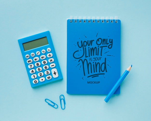 Free Top View Of Desk With Calculator And Pencil Psd