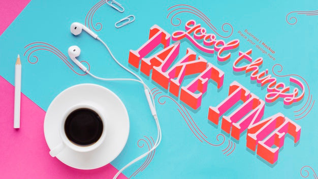 Free Top View Of Desk With Earphones And Coffee Psd