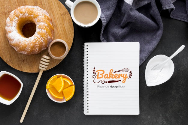 Free Top View Of Donuts With Coffee And Fruit Psd
