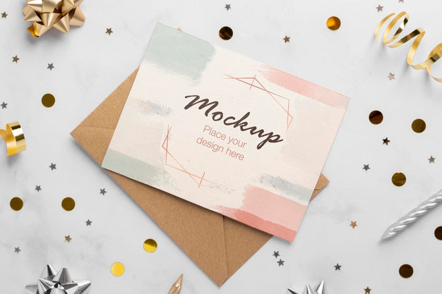 Free Top View Of Elegant Birthday Card With Ribbon And Confetti Psd