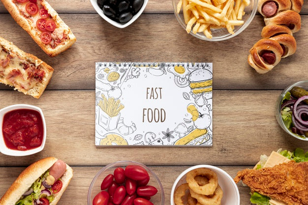 Free Top View Of Fast Food Mock-Up On Wooden Table Psd
