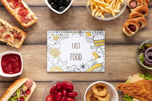 Free Top View Of Fast Food Mock-Up On Wooden Table Psd