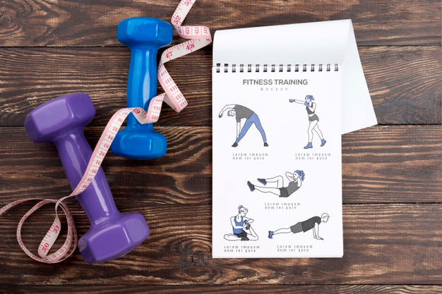 Free Top View Of Fitness Notebook With Measuring Tape And Weights Psd