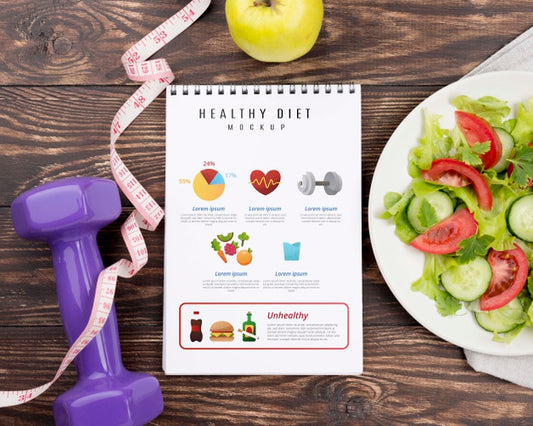 Free Top View Of Fitness Notebook With Plate Of Salad And Measuring Tape Psd