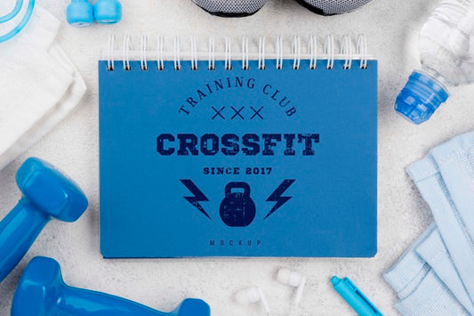 Free Top View Of Fitness Notebook With Weights And Jumping Rope Psd