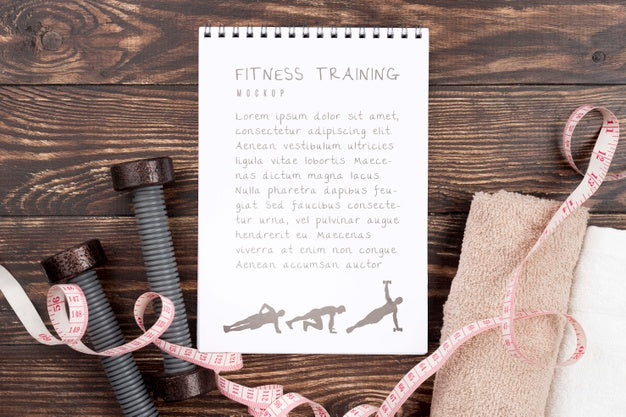 Free Top View Of Fitness Notebook With Weights And Measuring Tape Psd