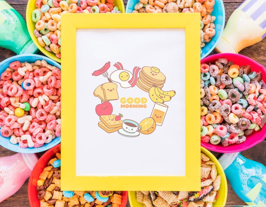 Free Top View Of Frame And Cereal Bowls Psd