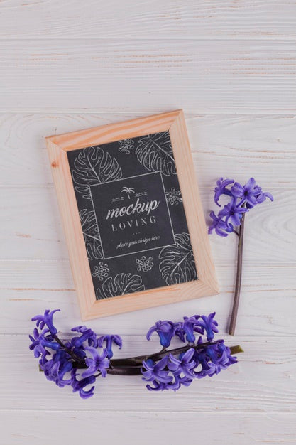 Free Top View Of Frame Mock-Up With Hyacinth Flowers Psd