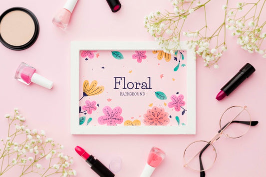 Free Top View Of Frame With Flowers And Make-Up Essentials Psd