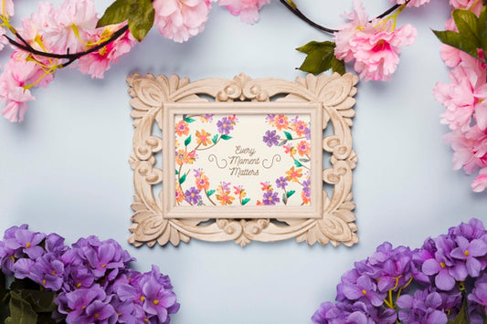 Free Top View Of Frame With Spring Flowers Psd