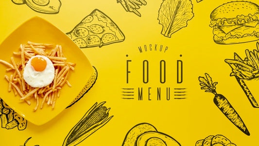Free Top View Of French Fries And Egg Plate Mock-Up Psd