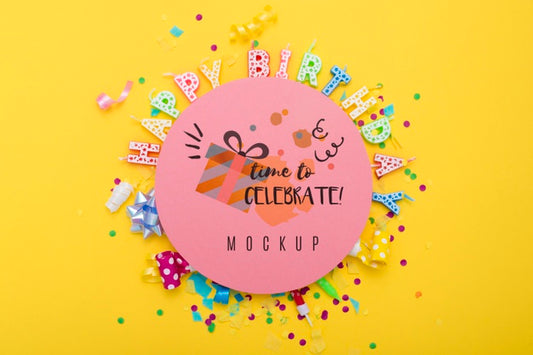 Free Top View Of Happy Birthday Candles With Confetti For Anniversary Celebration Psd