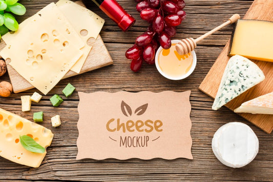 Free Top View Of Mock-Up Assortment Of Locally Grown Cheese With Grapes And Wine Psd
