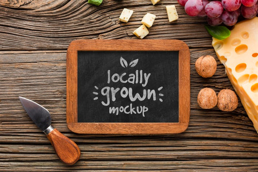 Free Top View Of Mock-Up Blackboard With Locally Grown Cheese Psd