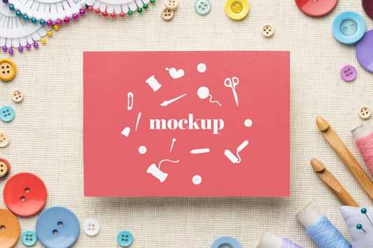 Free Top View Of Mock-Up Frame Design With Sewing Essentials Psd