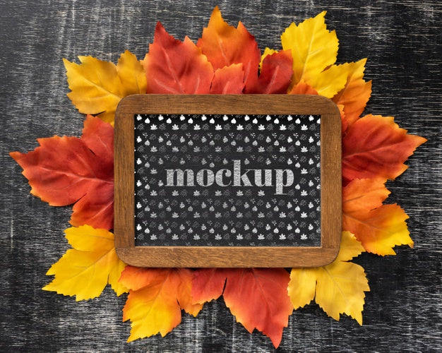 Free Top View Of Mock-Up Frame With Leaves Psd