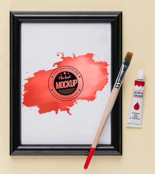 Free Top View Of Mock-Up Frame With Paint Brush And Tube Psd