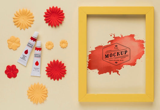 Free Top View Of Mock-Up Frame With Paint Tubes Psd