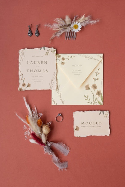 Free Top View Of Mock-Up Rustic Paper Wedding Invitation With Leaves And Flowers Psd