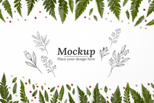 Free Top View Of Mock-Up With Leaves Psd
