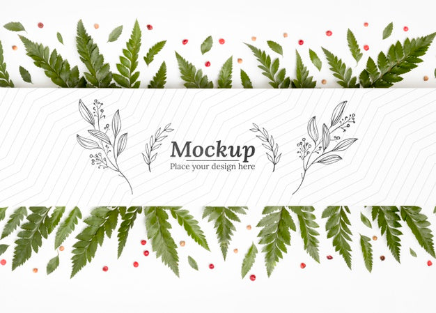 Free Top View Of Mock-Up With Leaves Psd