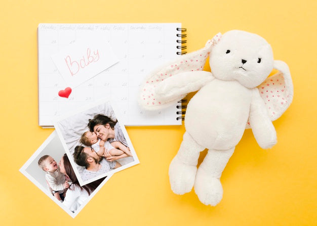 Free Top View Of Notebook With Bunny And Photos Psd